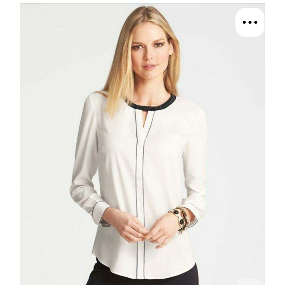 Ann Taylor white blouse distinctive black piping trim along collar & front S ZZZ